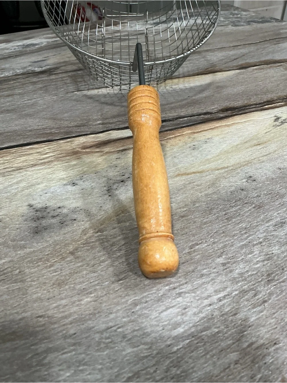Vintage Wire Mesh Fry Basket Strainer Wood Handle Pot Rest Hook 14”